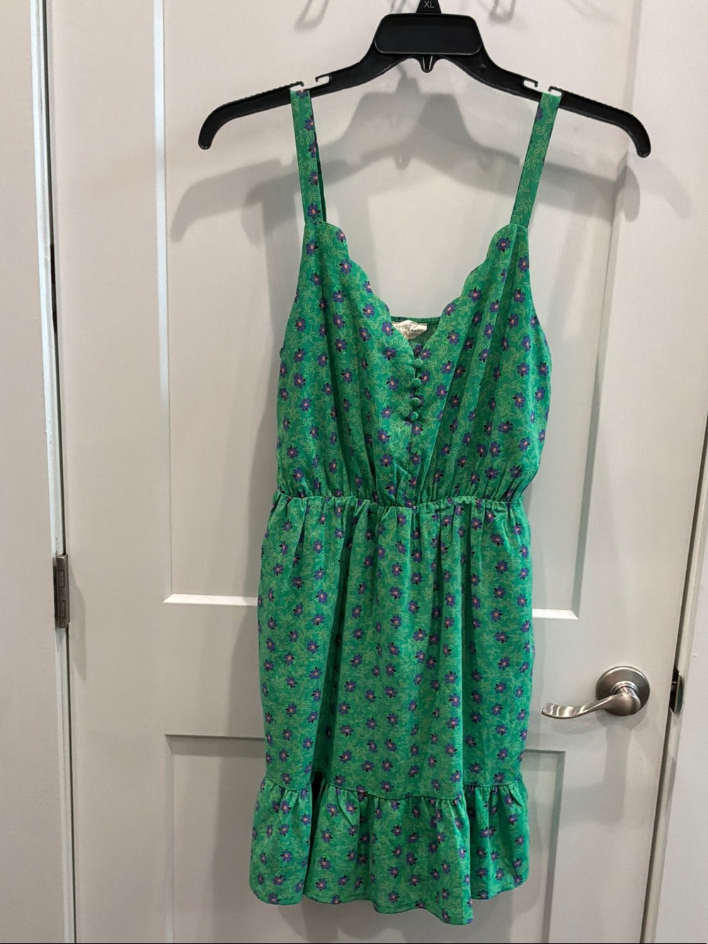 MELLODAY Medium Green Floral Ruffle Sundress Purple Accents Quality Lined